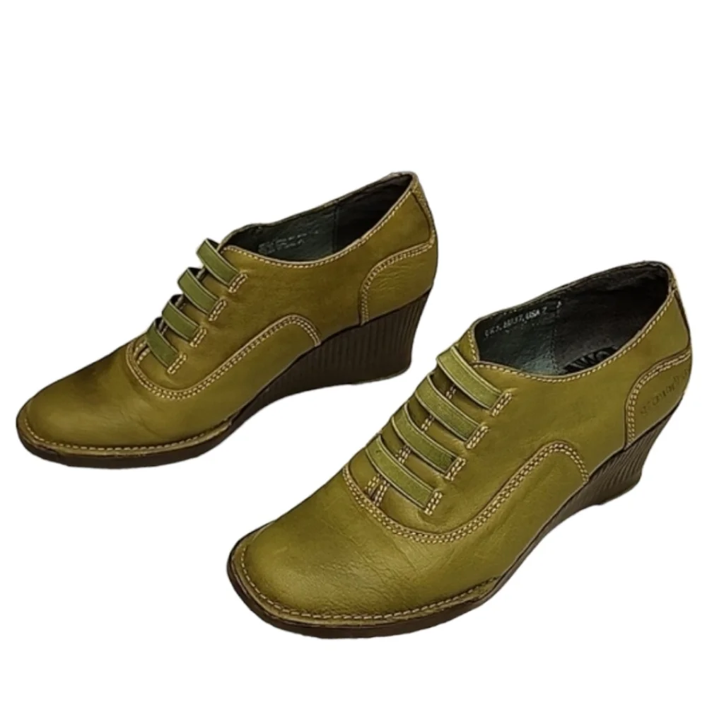 GROUNDHOG PORTUGAL Olive Leather Wedge Booties 7 37 Artsy Oxford Boots Slip On